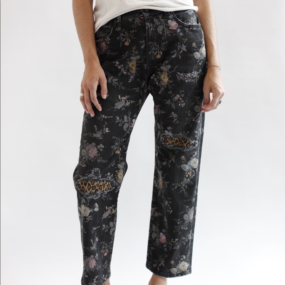 R13 black floral leopard patch boyfriend jeans